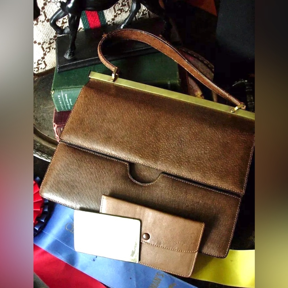 Vintage GUCCI Classic Brown Kelly Purse Handbag Tote Bag w/ Mirror Coin Wallet